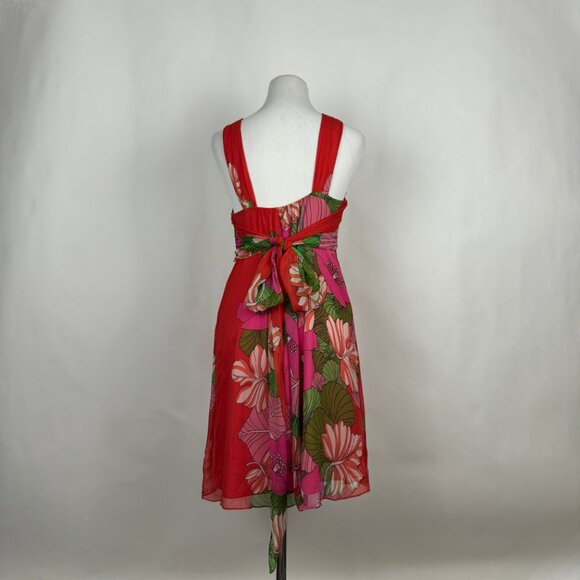 Tibi Orange Pink Chiffon Dress 6 Sleeveless Silk Floral Hibiscus Tropical Tiki - Picture 5 of 9